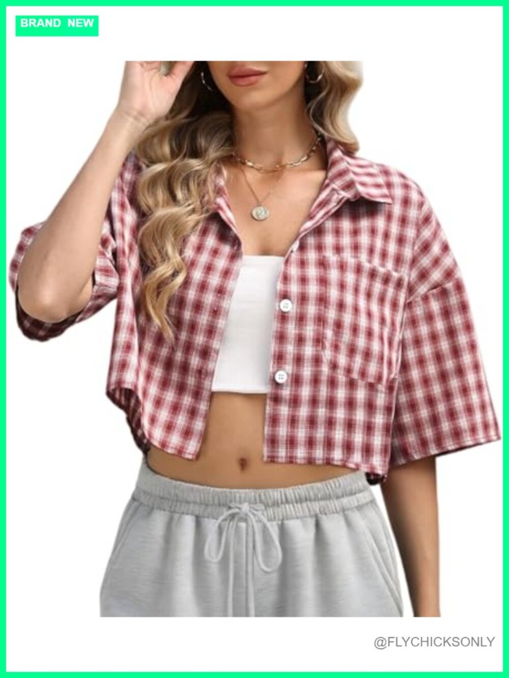 Womens Cropped Plaid Button Down Shirt Short Sleeve V-Neck Top Blouse